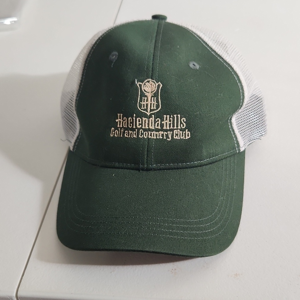 Hacienda Hills Golf and Country Club Trucker Hat Green White mesh flaws